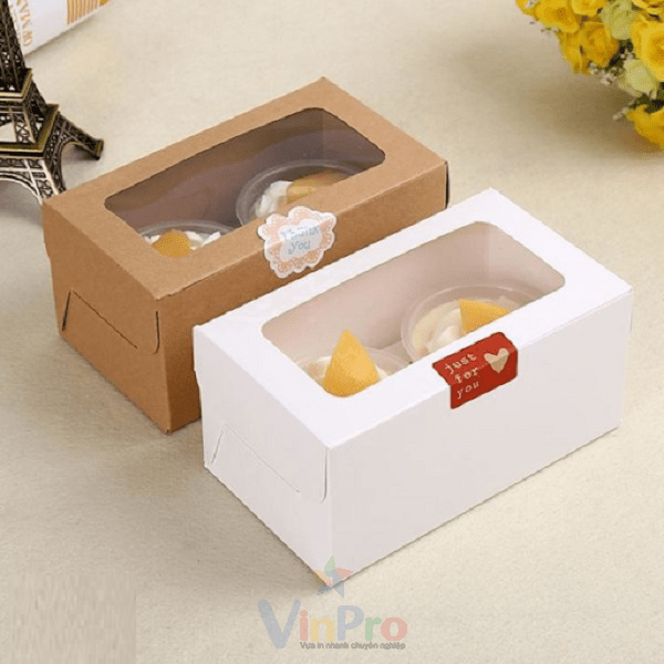 Mẫu hộp đựng bánh cupcake loại 2 bánh, nắp rời, có cửa sổ